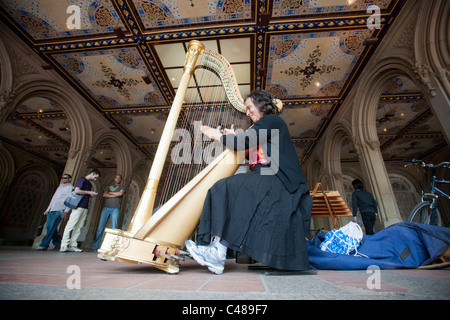 Harpist plays on Bethesda Terrace in Central Park in New York Stock Photo