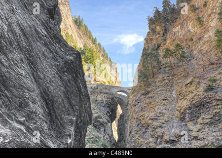 historic stone bridges of deep crevice of Viamala slot canyon, near Zillis, Switzerland Stock Photo