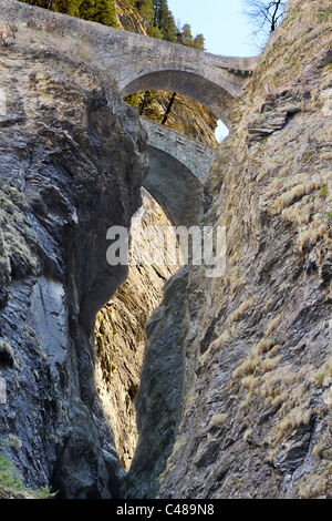 historic stone bridges of deep crevice of Viamala slot canyon, near Zillis, Switzerland Stock Photo