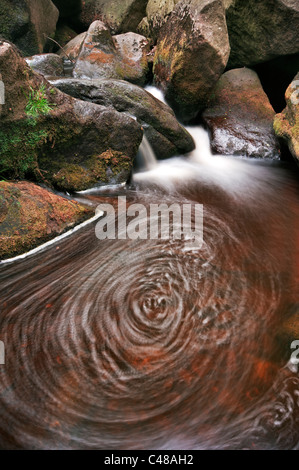 Swirling water pool at Burbage Brook, Padley Gorge, Derbyshire, The Peak District National Park, June 2011. Stock Photo