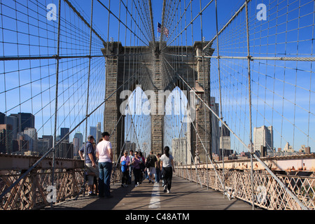 Wires and pillars of the Brooklyn Bridge, New York City, USA Stock Photo