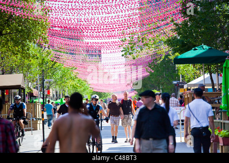 Pink balls decorating Le Village gai or the Village gay neighborhood, Montreal, Canada Stock Photo