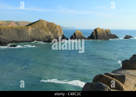 Rocks at Hartland Quay, showing North Devon, England, UK Stock Photo
