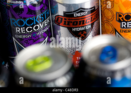 A mix os RockStar, Monster, AMP and Red Bull energy drinks. 