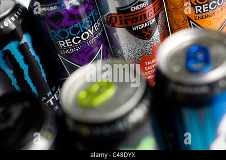 A mix os RockStar, Monster, AMP and Red Bull energy drinks. 
