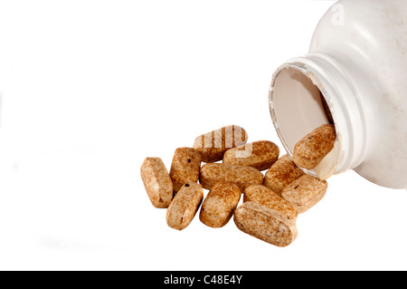 Composition with dietary supplement capsules and containers Stock Photo