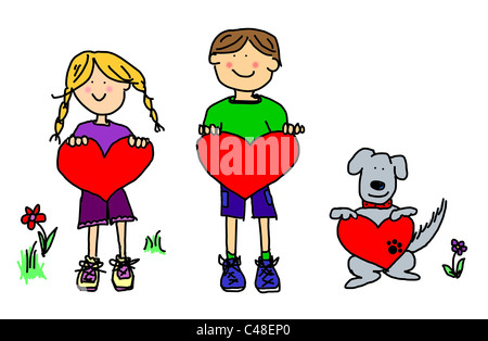 Fun boy, girl and dog cartoon outline holding blank heart shape signs. Stock Photo