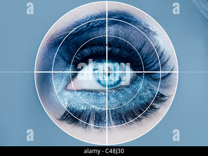 blue eye makeup closeup macro pupils recognition sensor system Stock Photo