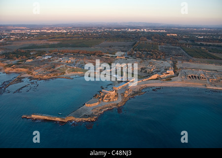 Aerial photograph of the ancient port of Caesarea at sunset Stock Photo