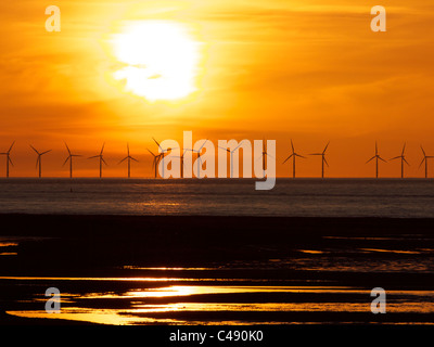 Wind farm with the sun setting in the background Stock Photo