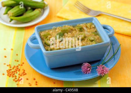 Lentils soup with okra. Recipe available. Stock Photo