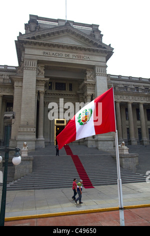 The Palace of Justice and the state flag of peru located in the Lima district of Lima, Peru. Stock Photo