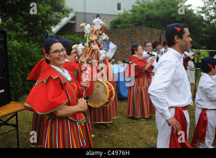 Members of the Littlehampton Madeira dancing and Singing group performing at River Arun harbour weekend community event UK Stock Photo