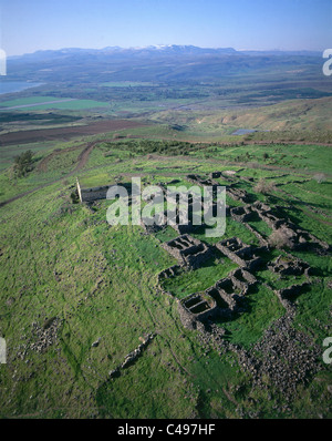 Aerial photograph of the ruins of the ancient synagogue of Kazrin in the central Golan Heights Stock Photo