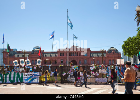 View of the Casa Rosada, Plaza De Mayo, Buenos Aires, Argentina, South America, with demonstration in front. Stock Photo