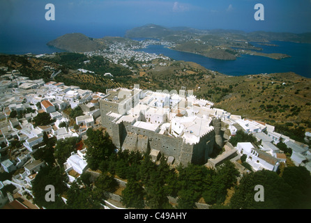 Aerial photograph of the Greek monastery of Moni Agios Ioannis Theologos in the villgae of Patmos on the island of Samos Stock Photo