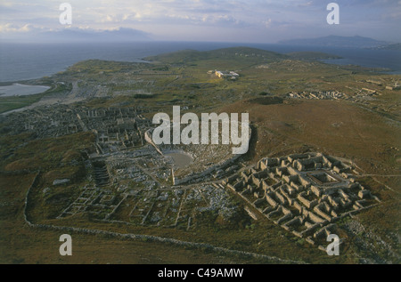 Aerial photograph of the ruins of an ancient Greek city on the Greek island of Delos Stock Photo
