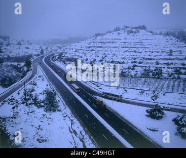 Aerial photograph of the roads to Jerusalem during snow storm Stock Photo