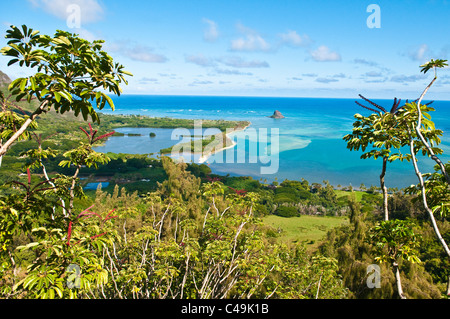 Kaneohe Bay & Mokoli'i Island (previously known as the outdated term 'Chinaman's Hat')), Oahu, Hawaii, USA Stock Photo