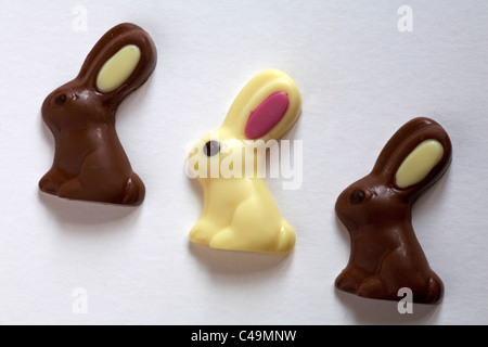 three Easter chocolate bunnies, one white chocolate, two milk chocolate isolated on white background Stock Photo