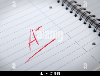 A plus grade, written in red letters in a spiral pad, shallow DOF Stock Photo