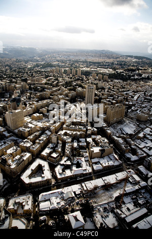 Aerial photograph of the Zion Square in Jerusalem after a snow storm ...