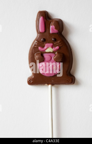chocolate Easter rabbit carrying easter egg lolly lollipop isolated on white background - ready for Easter Stock Photo