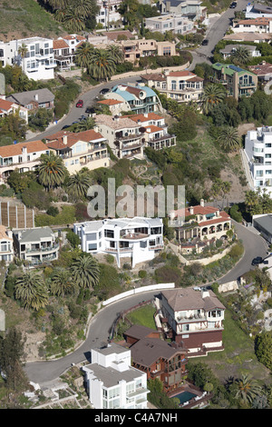 AERIAL VIEW. Multimillion dollar homes on a steep hillside. Malibu, Los Angeles County, California, USA. Stock Photo