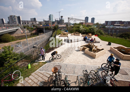View from the viewing platform on the Greenway, 2012 Olympic site , Stratford, London, England, United Kingdom. Stock Photo