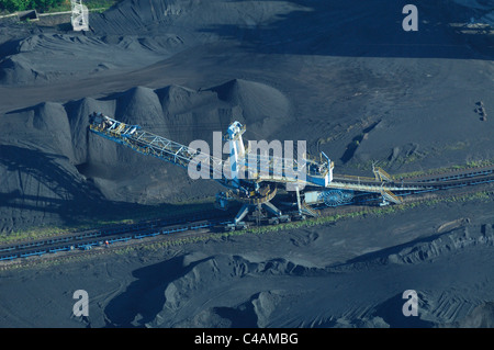 Aerial view of crane stocking coal on the site of electrical power station Emile Huchet, Carling Saint Avold, Moselle, Stock Photo