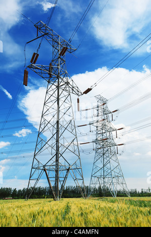 High voltage power lines under blue cloudy sky with plenty of room for ...