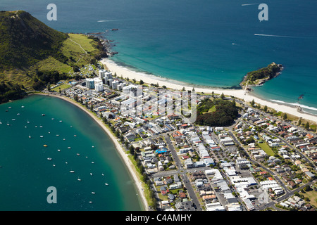 Mount Maunganui, and Tauranga Harbour, Bay of Plenty, North Island, New Zealand - aerial Stock Photo