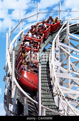 Santa Cruz, California. people  ride wooden Roller coaster at  Boardwalk amusement park © Bob Kreisel Stock Photo