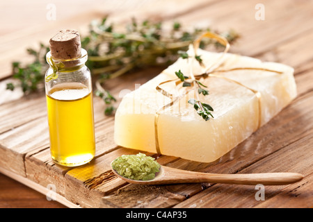 Piece of natural soap with thyme. Stock Photo