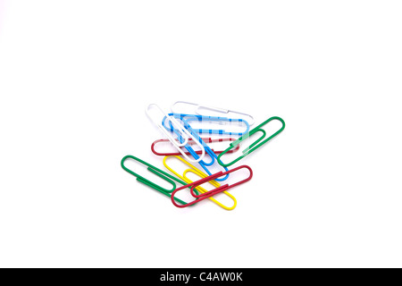 colored paper clips on white background Stock Photo