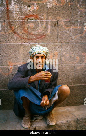 Sana'a Yemen Arab Man Drinking Tea At Market Stock Photo