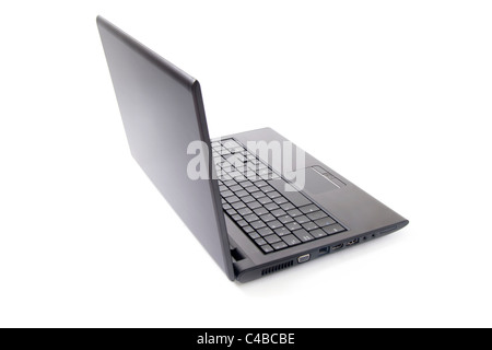 A back side profile view of a black laptop with a monitor opened 90-degree Stock Photo