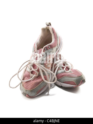 a pair of brand new running shoes, all logos and brand markings cleaned, shot on studio white Stock Photo