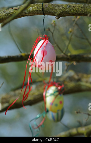 Brightly decorated polystyrene eggs or Easter eggs hanging from trees on coloured ribbons Stock Photo
