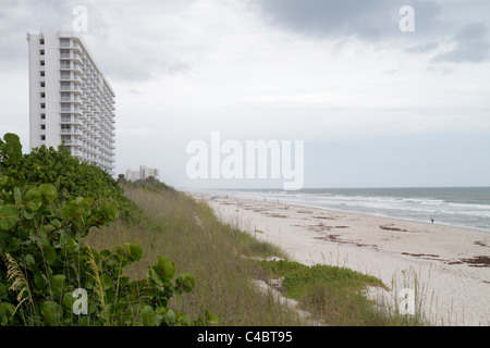 Florida Brevard County,Indialantic,Atlantic Ocean water public,beach beaches,sand,natural dune,high rise,building,over development,visitors travel tra Stock Photo