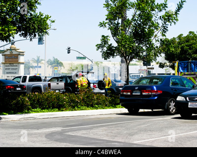 Firefighters working on an SUV fire in Oxnard California Stock Photo