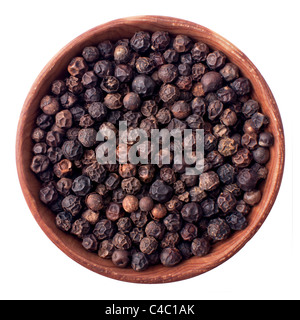 black pepper seeds in a wooden bowl isolated on white Stock Photo