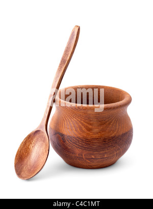 Wooden bowl and spoon isolated on white background Stock Photo