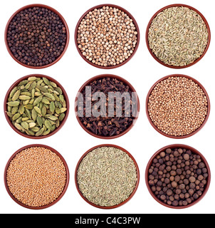 Assortment of different spices in ceramics bowls isolated on white Stock Photo
