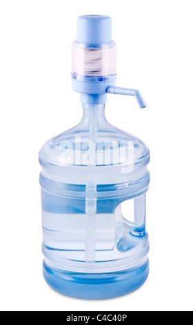 Big plastic bottle with water on the table over bright kitchen backgroung.  Bottle of clear transarent water in a blue color cap and handle closeup  Stock Photo - Alamy