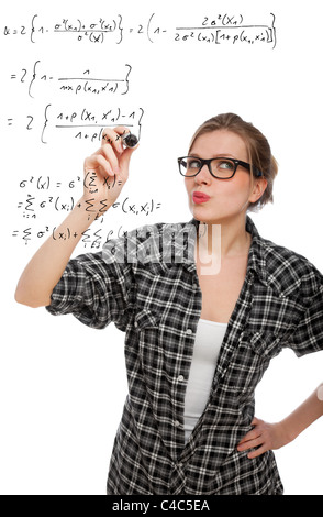 blonde student girl drawing a mathematical formula in the air, isolated on white Stock Photo