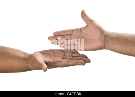 Two African's hands with palms open and thumbs and fingers extended. Stock Photo