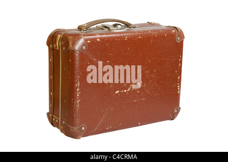 old scratched suitcase isolated on white background Stock Photo