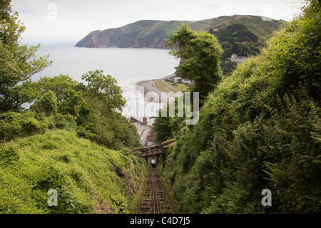 The cliff railway from Lynton to Lynmouth with Foreland Point  North Devon Stock Photo