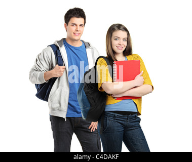 Two students with school bags on their shoulders posing Stock Photo